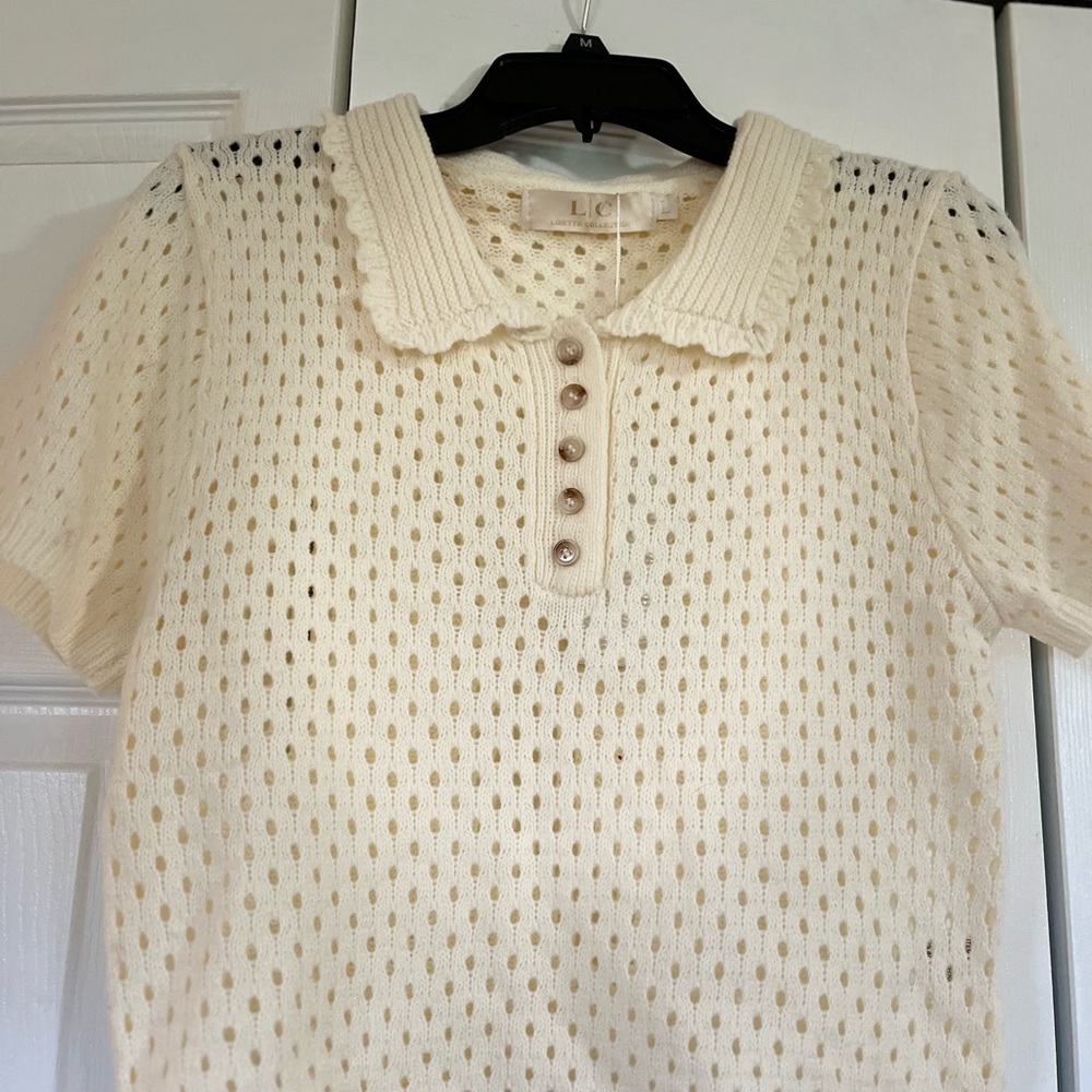 L.C. Cream Knit short-sleeve Polo Sweater